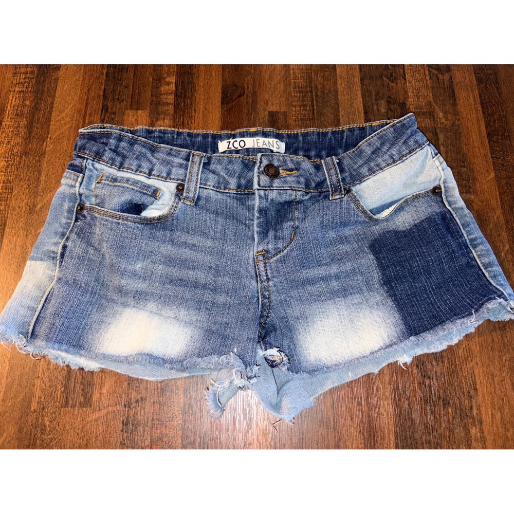 ZCO Jeans Womens Patchwork Denim Shorts Blue Multi Tone Raw Hem Size 5